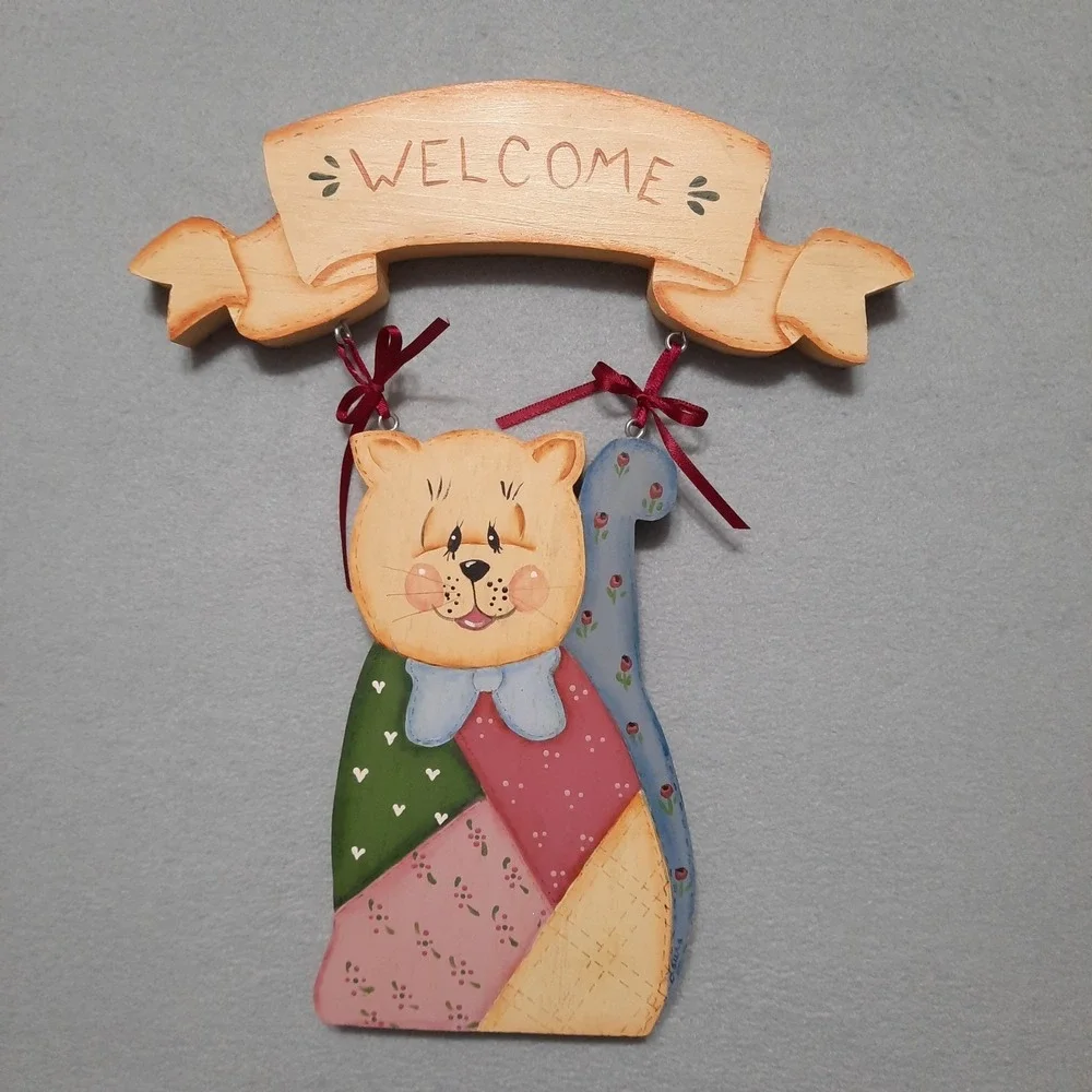 Vintage Hand Painted Wood Cat Welcome Sign Patchwork Folk Art Country Cottagecor